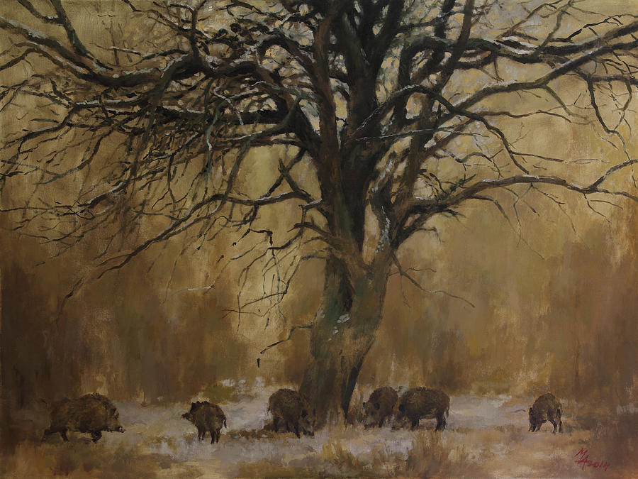 The Big Tree with Wild Boars Painting by Attila Meszlenyi