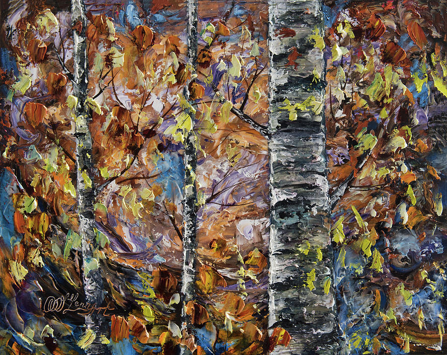 The Birch Trees - 2  oil painting with Palette Knife Painting by Lena Owens - OLena Art Vibrant Palette Knife and Graphic Design