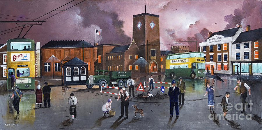 Dudley Trolley Bus Terminus 1950s - England Painting by Ken Wood