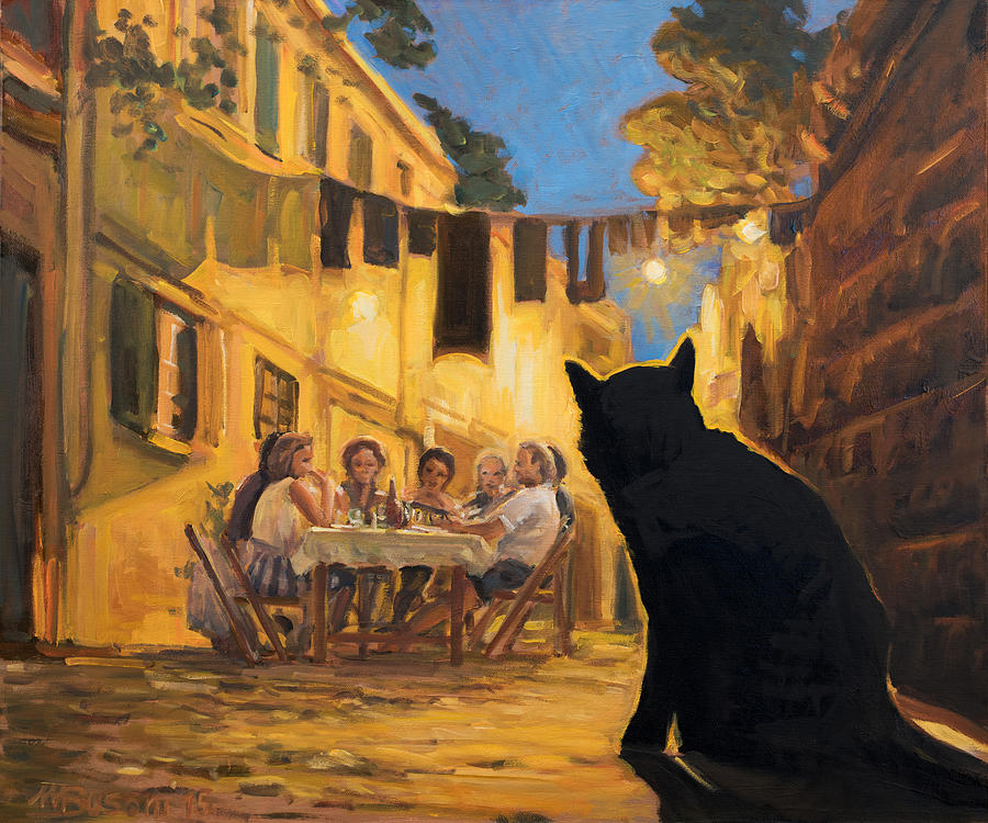 Cat Painting - The Black Hunger Waiting For Left-overs by Marco Busoni