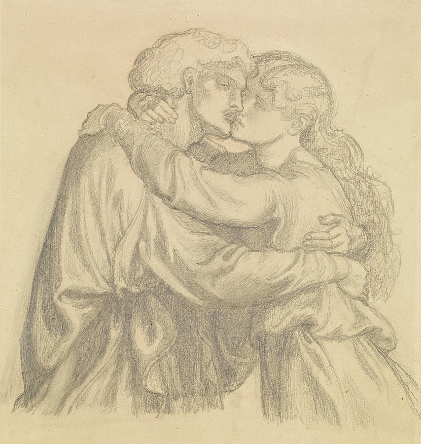 The Blessed Damozel - Study of Two Lovers Embracing Drawing by Dante Gabriel Rossetti