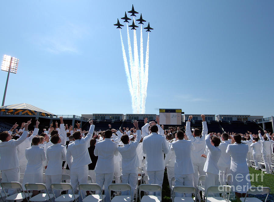 Hat Painting - the Blue Angels fly over the USNA graduation ceremony by Celestial Images