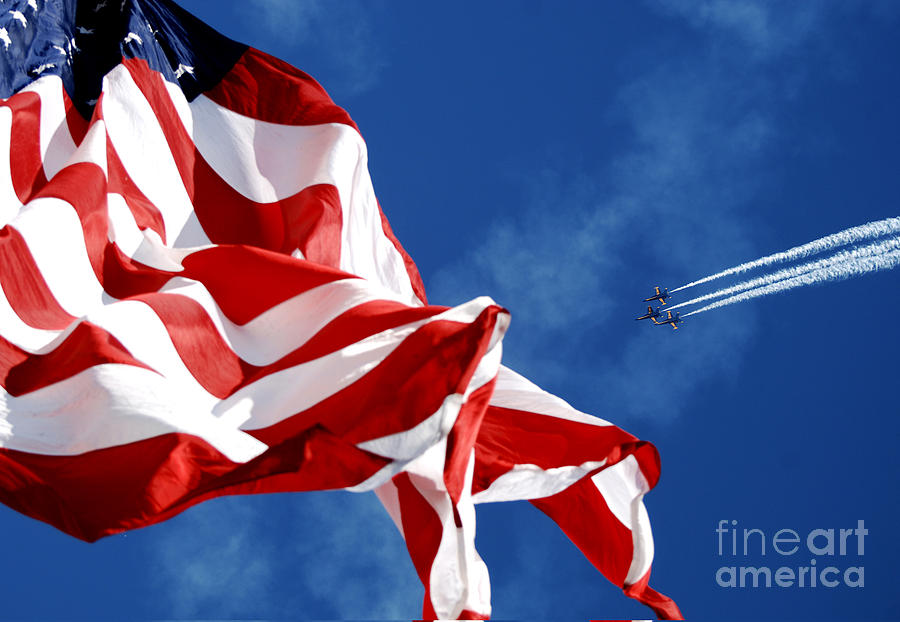 The Blue Angels flying over US Flag Painting by Celestial Images