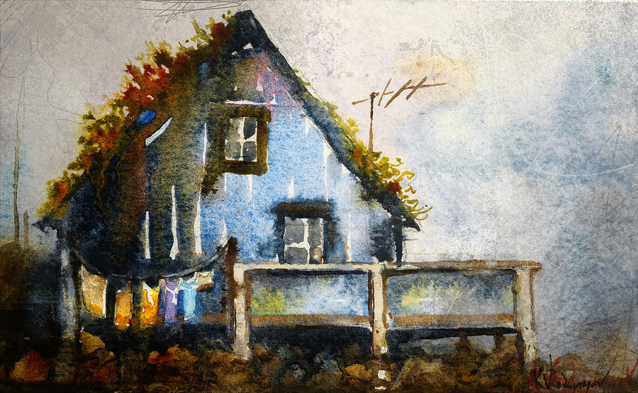 The Blue House Painting - The Blue House by Kristina Vardazaryan