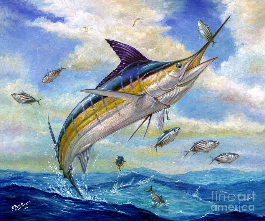 Blue Marlin Painting - The Blue Marlin Leaping To Eat by Terry  Fox