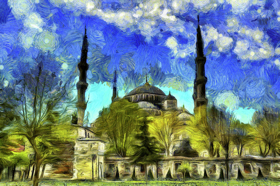 The Blue Mosque Istanbul Van Gogh Mixed Media by David Pyatt