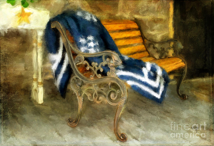 Bench Digital Art - The Blue Quilt On The Bench by Lois Bryan