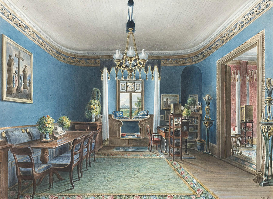 The Blue Room, Schloss Fischbach Drawing by Friedrich Wilhelm Klose