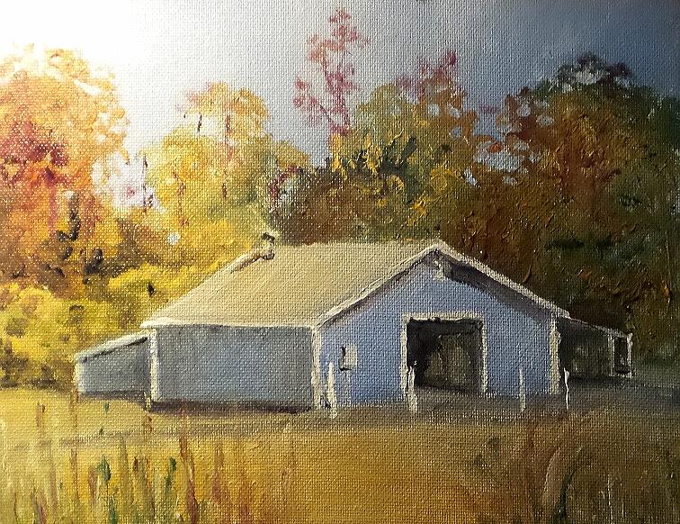 Fall Painting - The Blue Shed by Jim Phillips