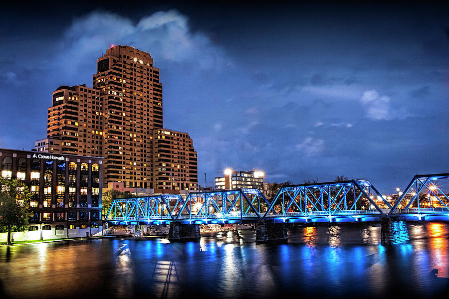 The Blue Walking Bridge at Night in Grand Rapids Photograph by Randall Nyhof
