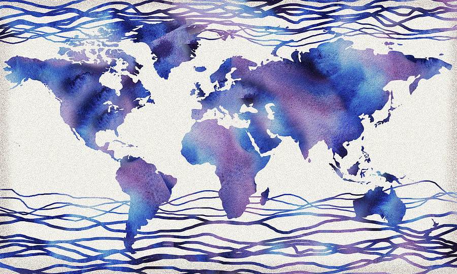 The Blue Wave Watercolor World Map Painting by Irina Sztukowski