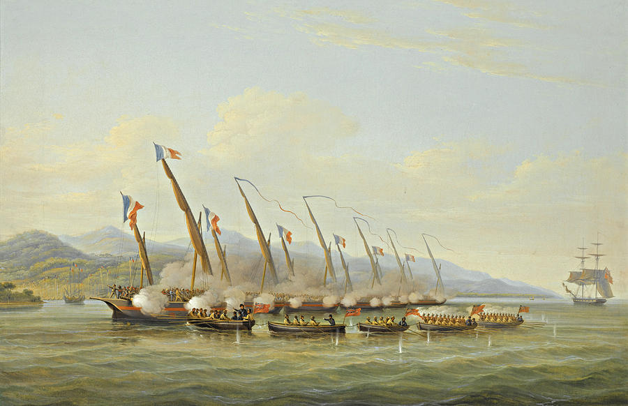 The Boats of H.M.S Sloop Procris engaging French Gunboats off the Mouth of the Indramayo Java Painting by William John Huggins