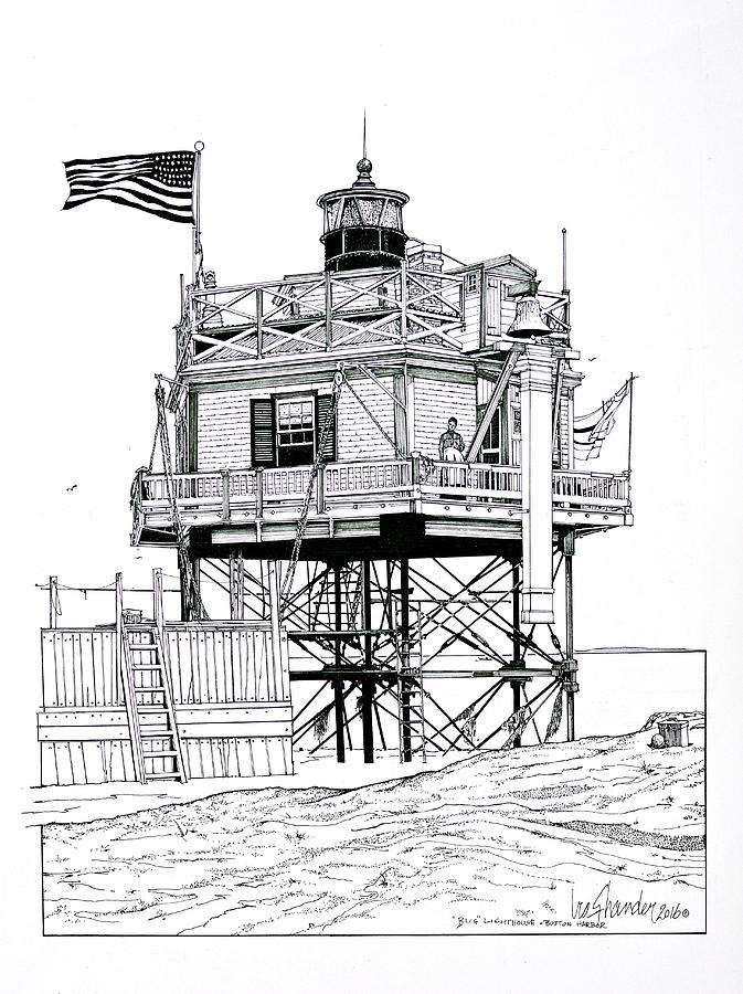 Boston Drawing - The Boston Narrows Lighthouse by Ira Shander