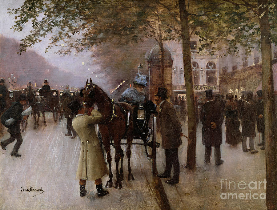 The Boulevards, Evening in Front of the Cafe Napolitain, late 19th century Painting by Jean Beraud