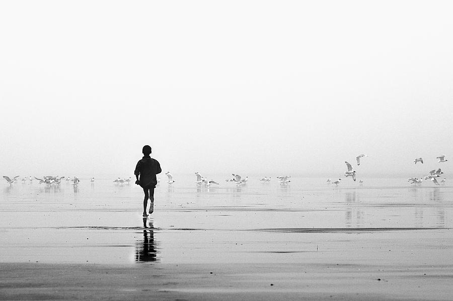 Bird Photograph - The Boy And The Gulls by Anandaroop Ghosh