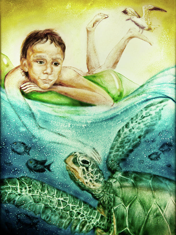 Turtle Painting - The Boy and the Turtle by Elena Vedernikova
