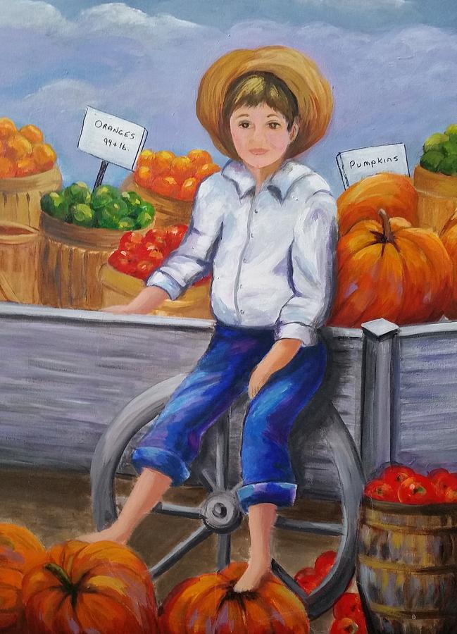 The Boy in the Pumpkin Patch  Painting by Rosie Sherman