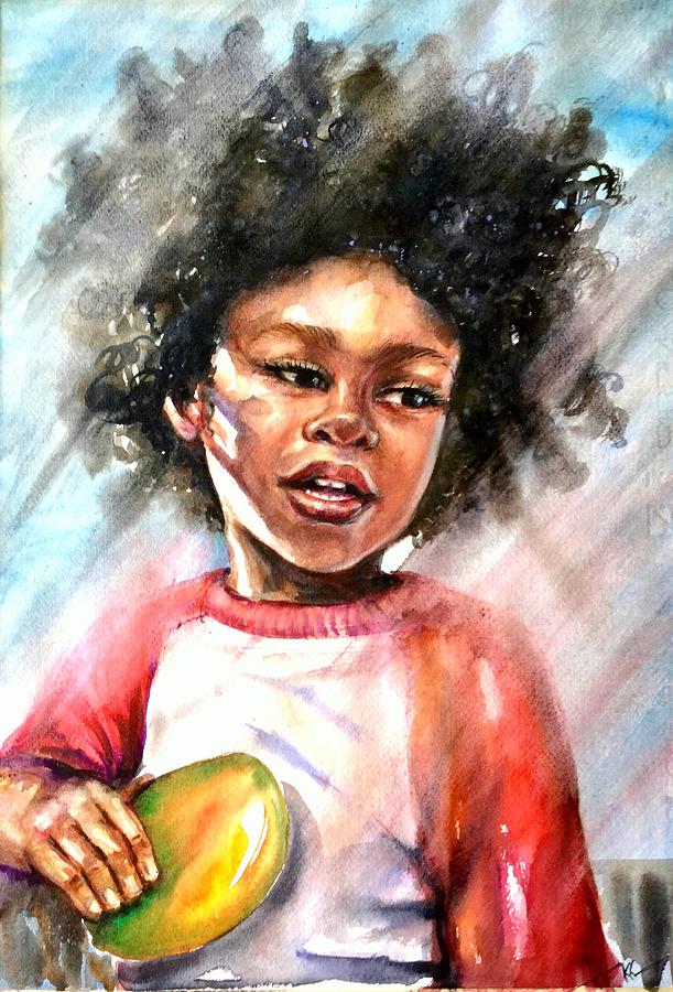 The boy with a mango Painting by Katerina Kovatcheva