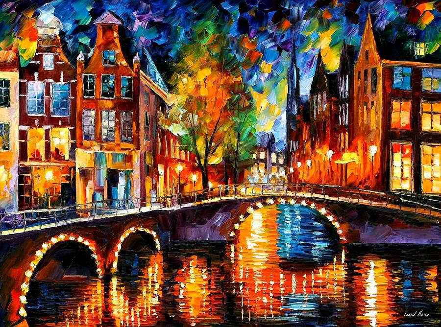 The Bridges of Amsterdam by Leonid Afremov Canvas Wall Art Picture Print for Home Decor 24x16 