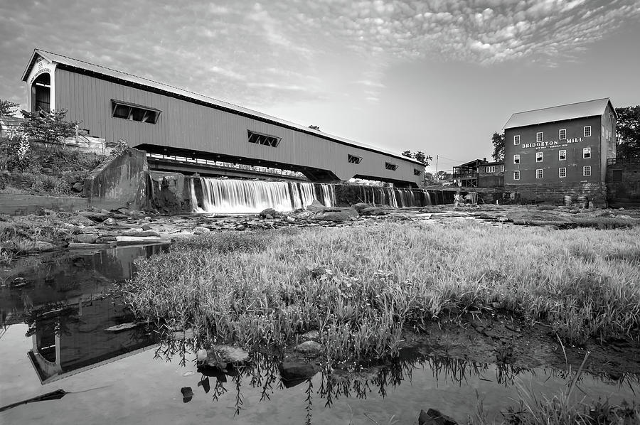 Black And White Photograph - The Bridgeton Mill and Covered Bridge - Indiana - Monochrome by Gregory Ballos