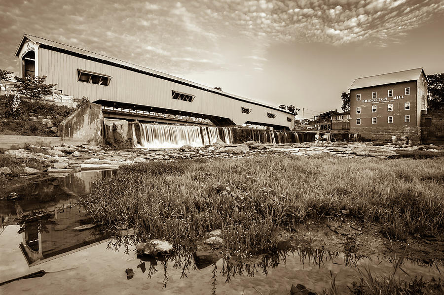 Black And White Photograph - The Bridgeton Mill and Covered Bridge - Indiana - Sepia Tone by Gregory Ballos