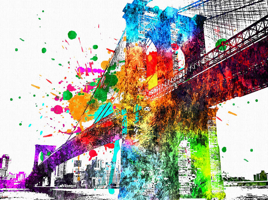 Vintage Mixed Media - The Brooklyn Bridge Grunge Watercolor by Daniel Janda