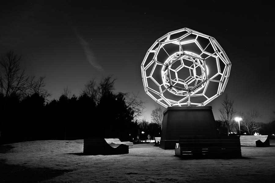 Black And White Photograph - The BuckyBall - Crystal Bridges Museum - Black and White by Gregory Ballos
