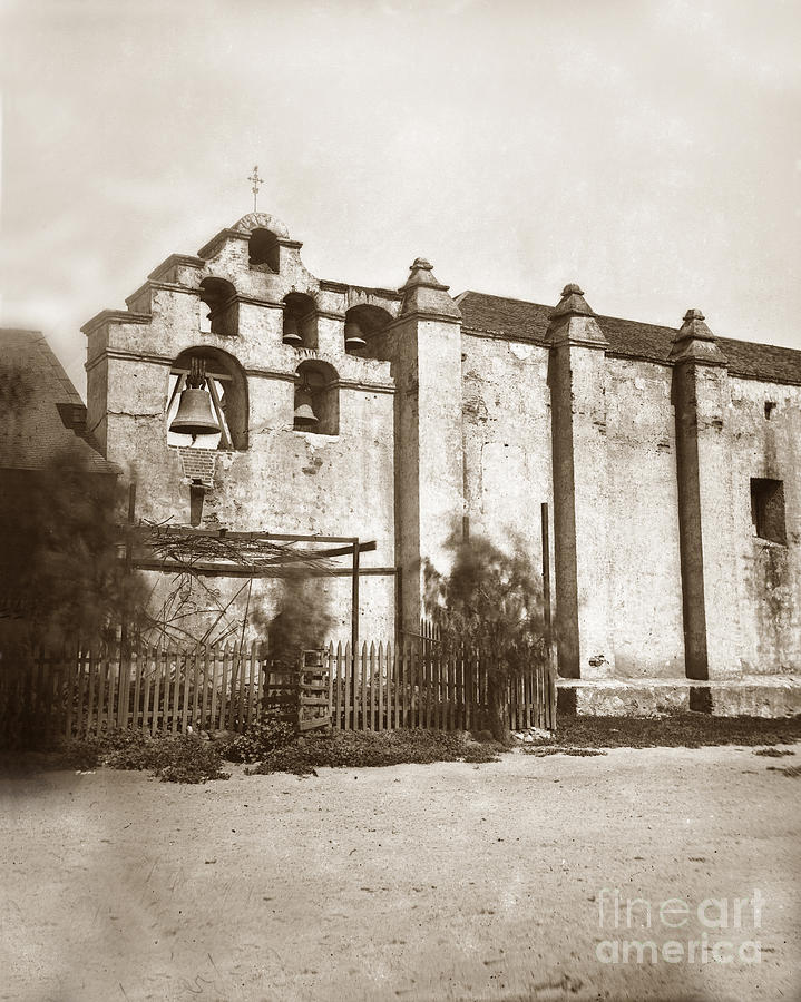 Bell Tower Photograph - The campanario, or bell tower of San Gabriel Mission Circa 1880 by Monterey County Historical Society
