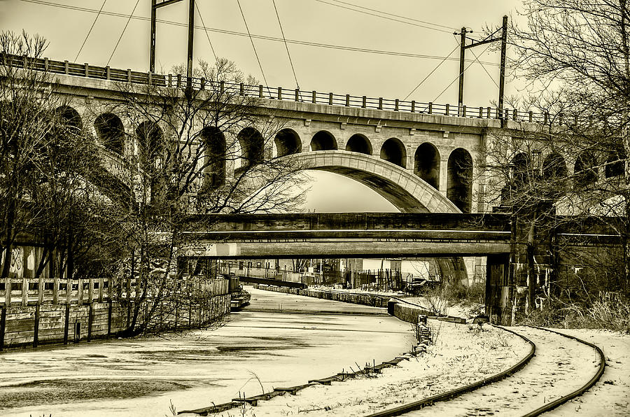 Winter Photograph - The Canal at Manayunk in Winter in Sepia by Bill Cannon