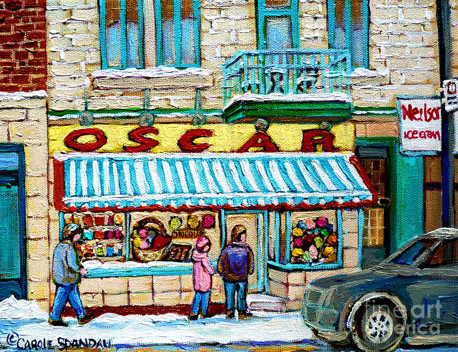 City Scene Painting - The Candy Store Winter Scene Painting Montreal Memories Oscars Candy Shop Original Canadian Art  by Carole Spandau