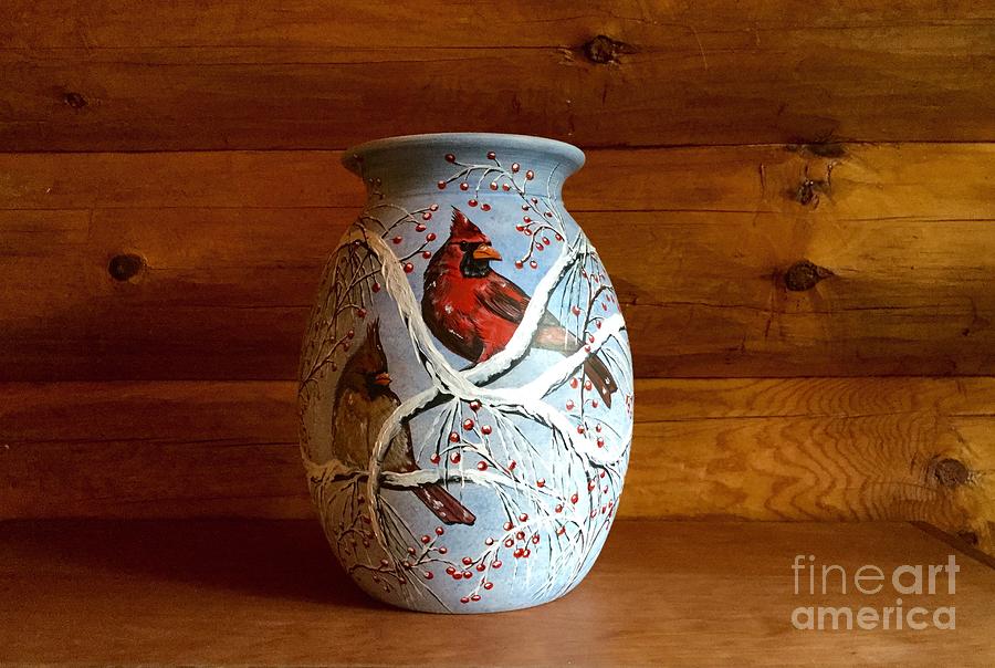 The Cardinal Couple Two Vase Ceramic Art by Jennifer Lake
