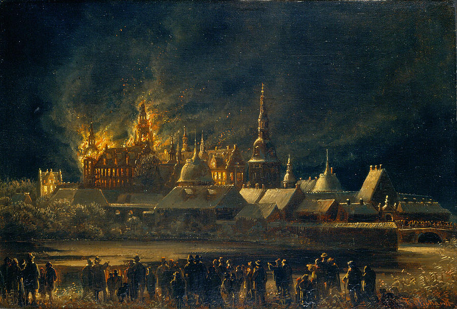 The castle on fire Painting by Ferdinand Richardt