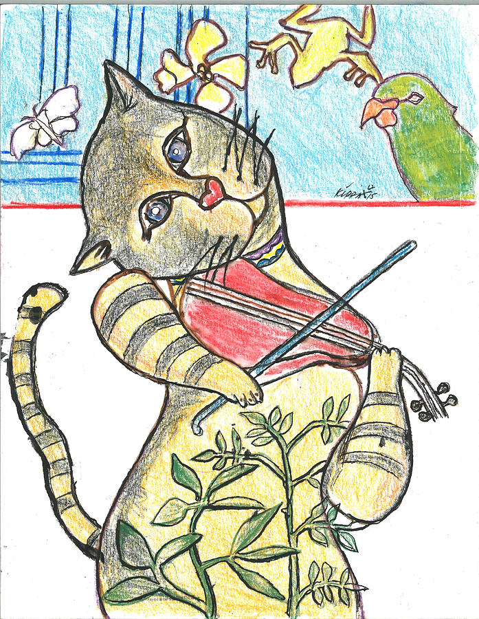 The Cat And The Fiddle Drawing by Kippax Williams
