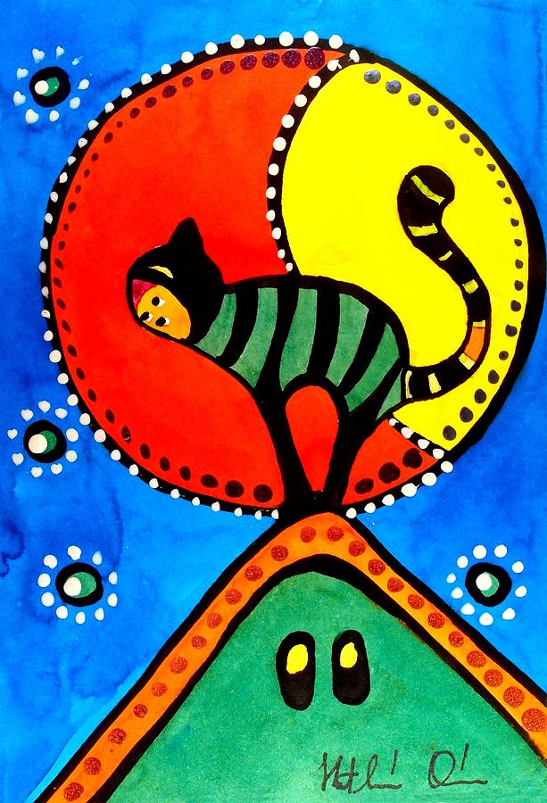 The Cat and the Moon - Cat Art by Dora Hathazi Mendes Painting by Dora Hathazi Mendes