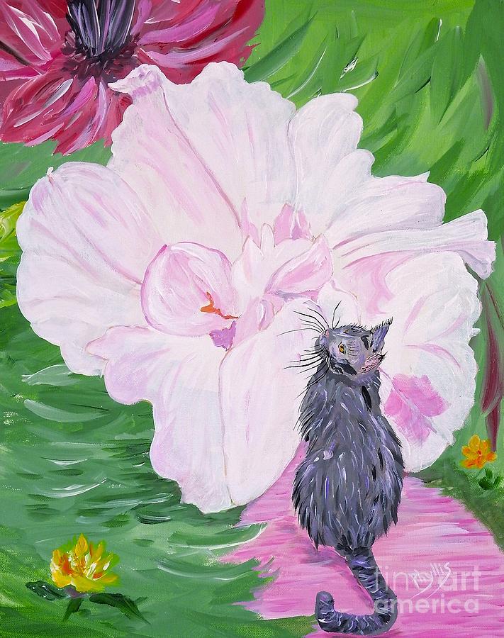 The cat who Loves Peonies Painting by Phyllis Kaltenbach