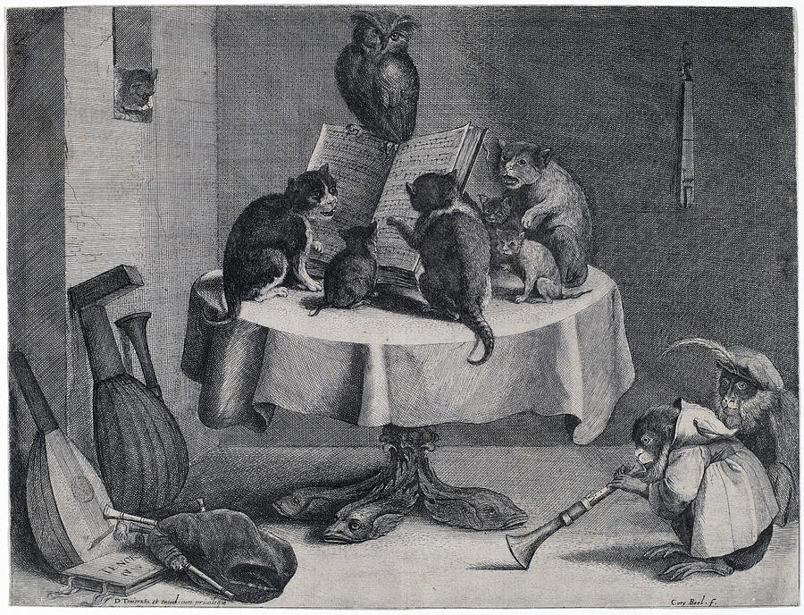 The Cats Concert Drawing by Coryn Boel after David Teniers the Younger