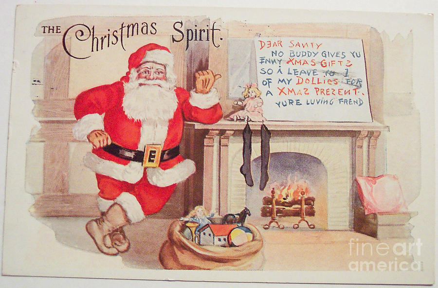 The Christmas Spirit vintage card Santa next to fireplace Painting by Vintage Collectables