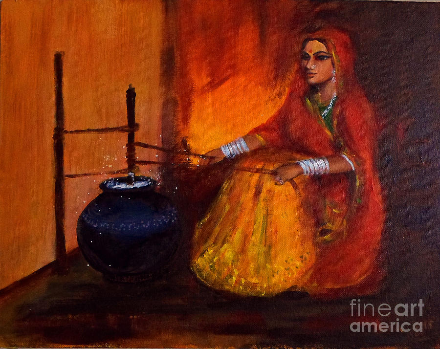 The churning Painting by Asha Sudhaker Shenoy