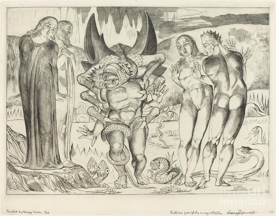 The Circle Of The Thieves; Agnolo Brunelleschi Attacked By A Six-footed Serpent Drawing by William Blake