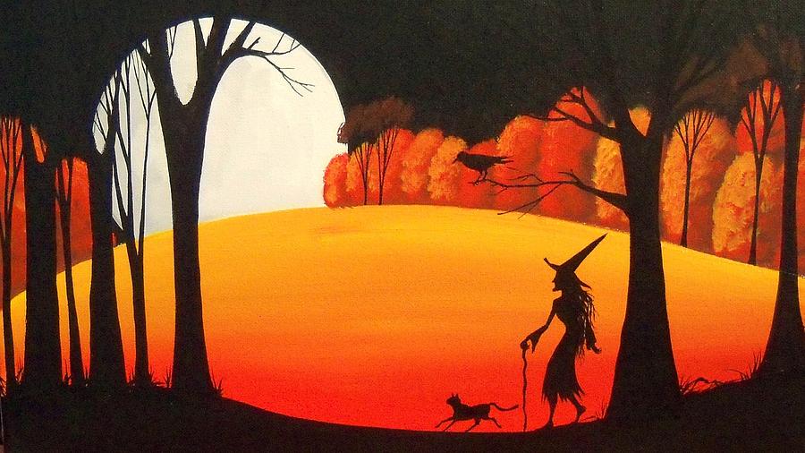 The Clearing - witch Halloween landscape Painting by Debbie Criswell