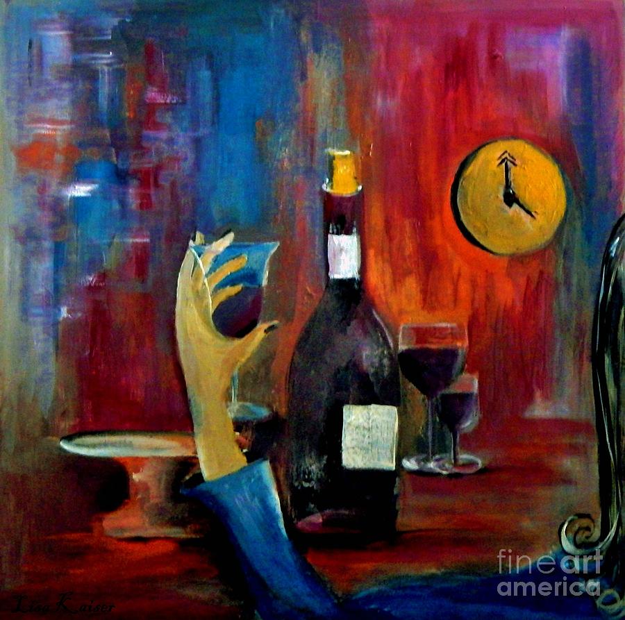 Wine Painting - The Clock Strikes Happy Hour by Lisa Kaiser
