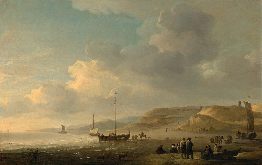 The Coast near Scheveningen with Fishing Pinks on the Shore Painting by Charles Brooking