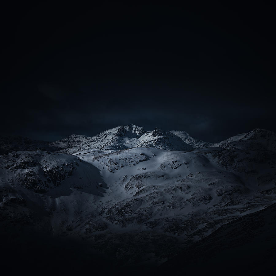 Nature Photograph - Dark Blue Mountain Landscape in Winter by Kate Morton