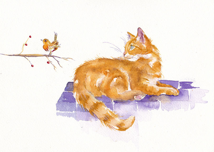 Cat Painting - The Cock Robin by Debra Hall