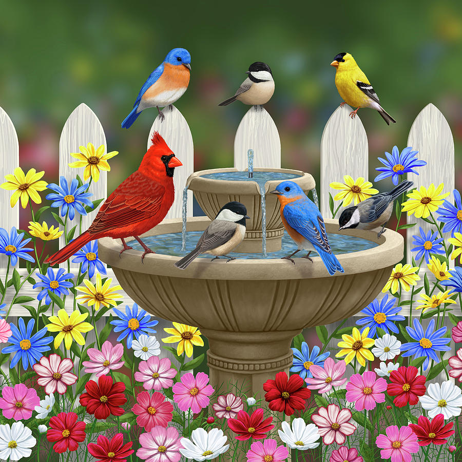 Bird Painting - The Colors of Spring - Bird Fountain in Flower Garden by Crista Forest
