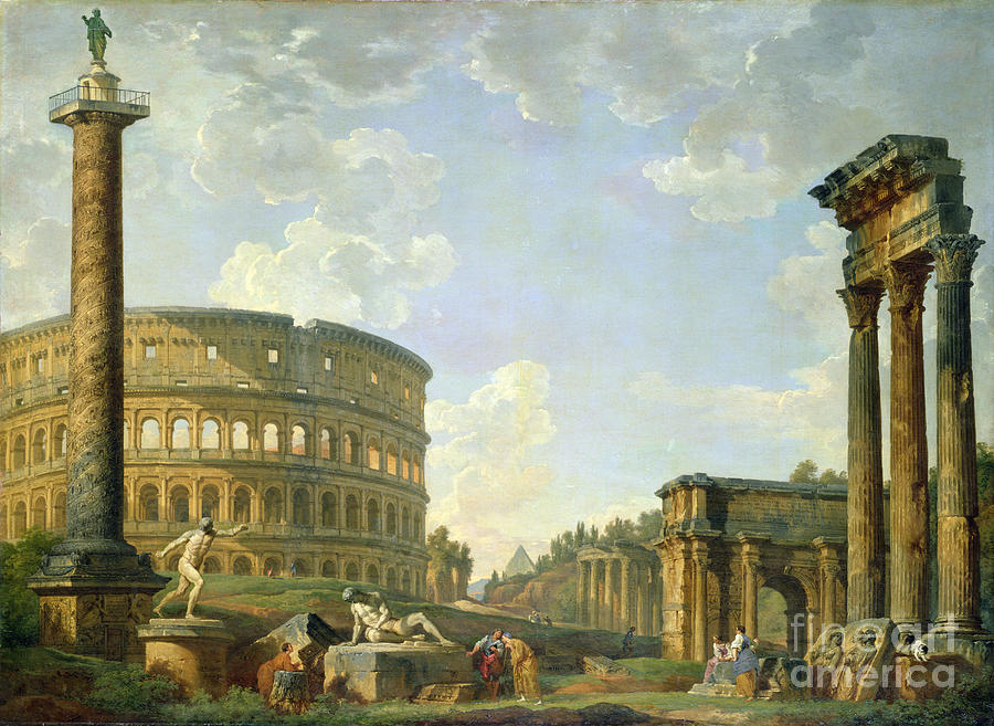Architecture Painting - The Colosseum and other Monuments by Giovanni Paolo Panini