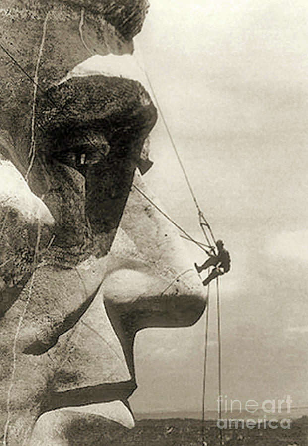 Rushmore Photograph - The construction of The Mount Rushmore National Memorial, detail of Abraham Lincoln,1928  by American School