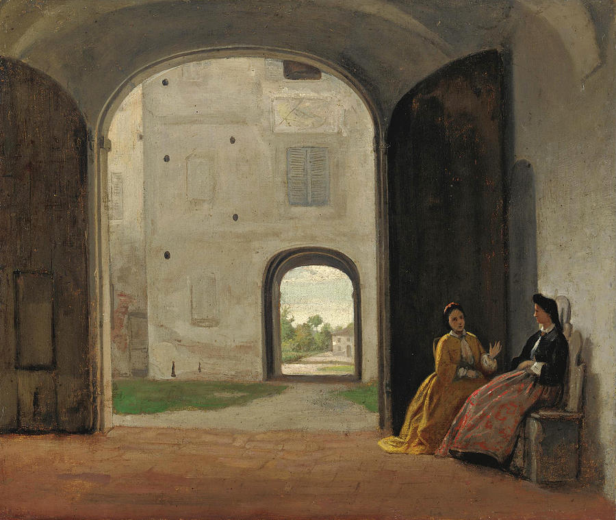 The Conversation Painting by Attributed to Silvestro Lega