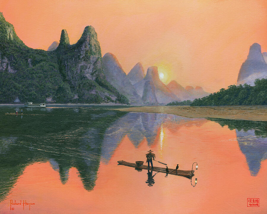 Landscape Painting - The Cormorant Fisherman Li River Guilin China  by Richard Harpum