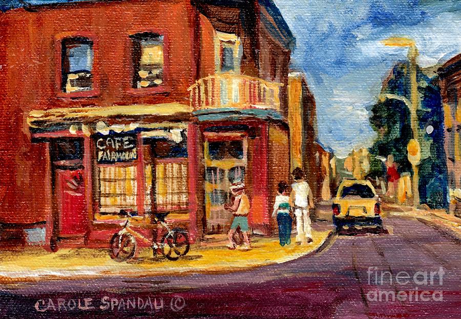Latin Quarter Painting - The Corner Coffee Shop Montreal Memories Original City Scene Paintings Canadian Art Carole Spandau by Carole Spandau